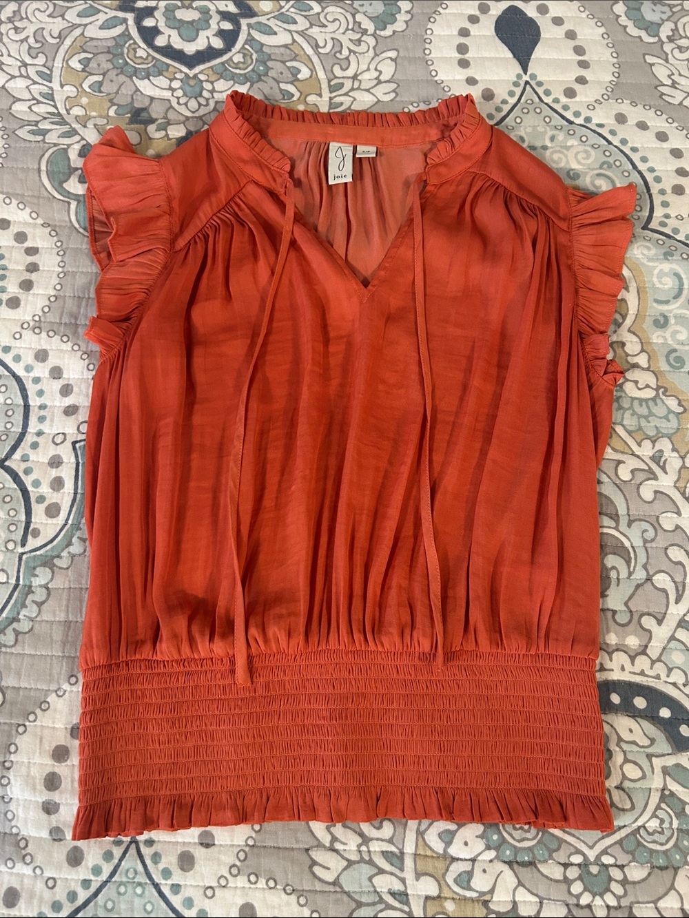 Joie Burnt Orange Ruffle Tie-Neck Smocked Waist Blouse